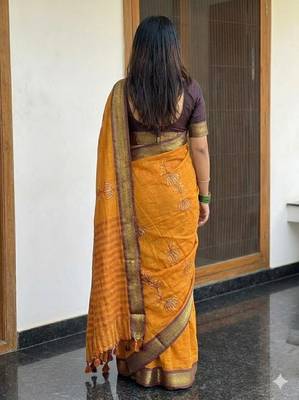 Orange blended cotton embroidered zari work saree with blouse 3