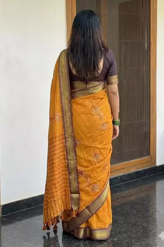 Orange blended cotton embroidered zari work saree with blouse