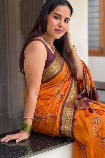 Orange blended cotton embroidered zari work saree with blouse