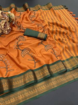 Orange blended cotton embroidered zari work saree with blouse 5