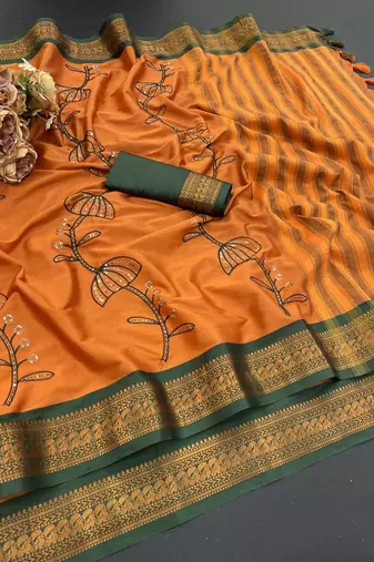 Orange blended cotton embroidered zari work saree with blouse