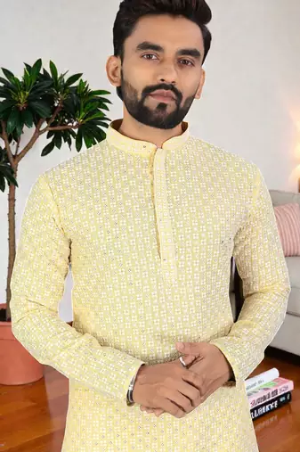 yelloww chikankari embroidered men's  rayon kurta