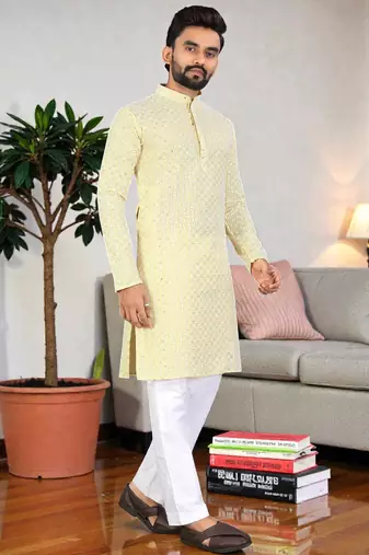 yelloww chikankari embroidered men's  rayon kurta