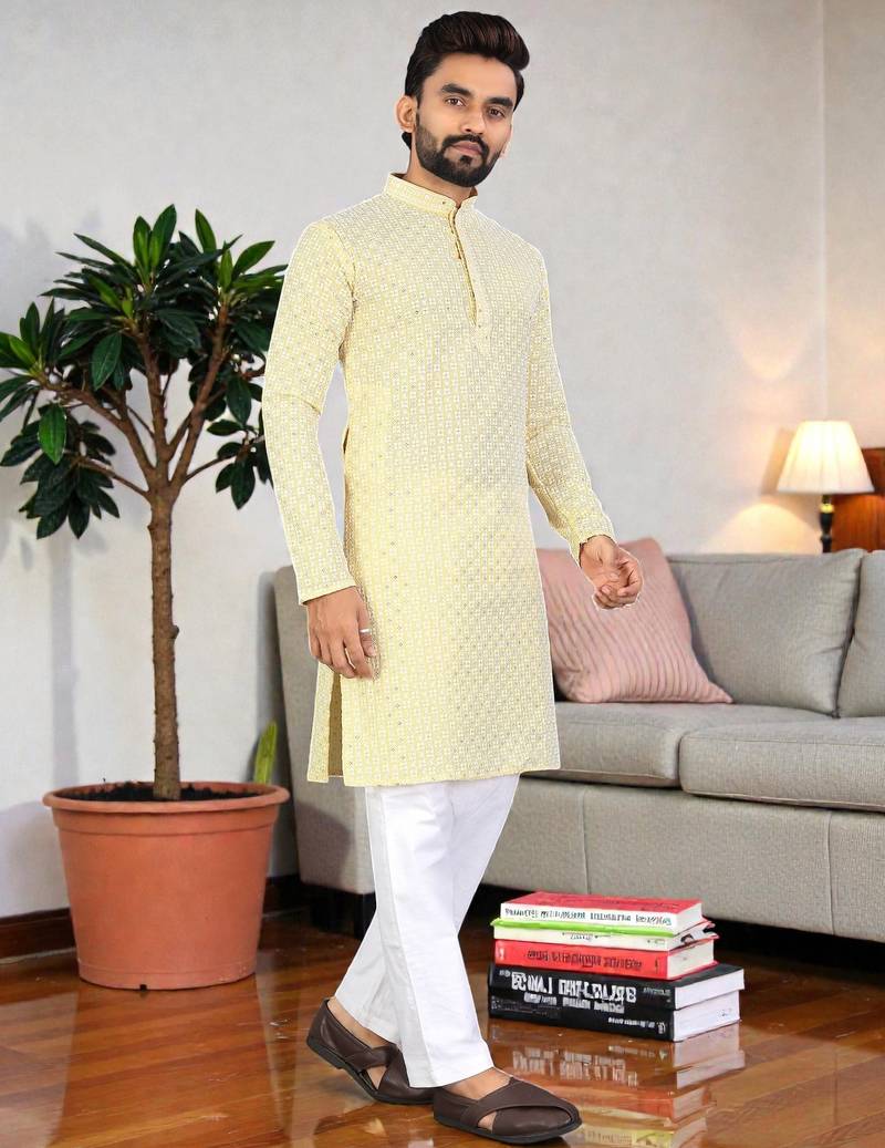 yelloww chikankari embroidered men's  rayon kurta