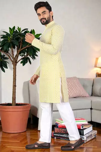 yelloww chikankari embroidered men's  rayon kurta