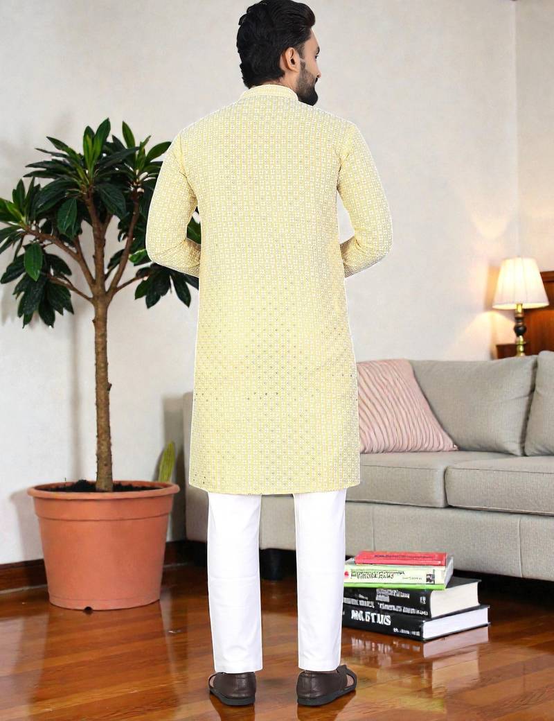 yelloww chikankari embroidered men's  rayon kurta