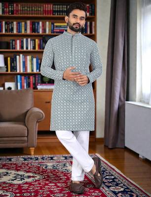 green  chikankari embroidered men's  rayon kurta 1