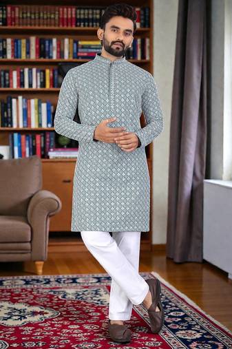 green  chikankari embroidered men's  rayon kurta