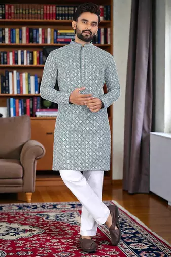 green  chikankari embroidered men's  rayon kurta