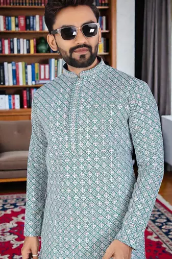 green  chikankari embroidered men's  rayon kurta