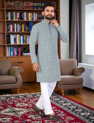 green  chikankari embroidered men's  rayon kurta 3