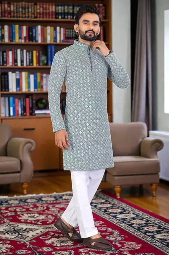 green  chikankari embroidered men's  rayon kurta