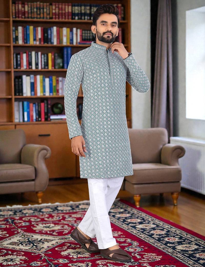green  chikankari embroidered men's  rayon kurta