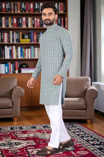 green  chikankari embroidered men's  rayon kurta