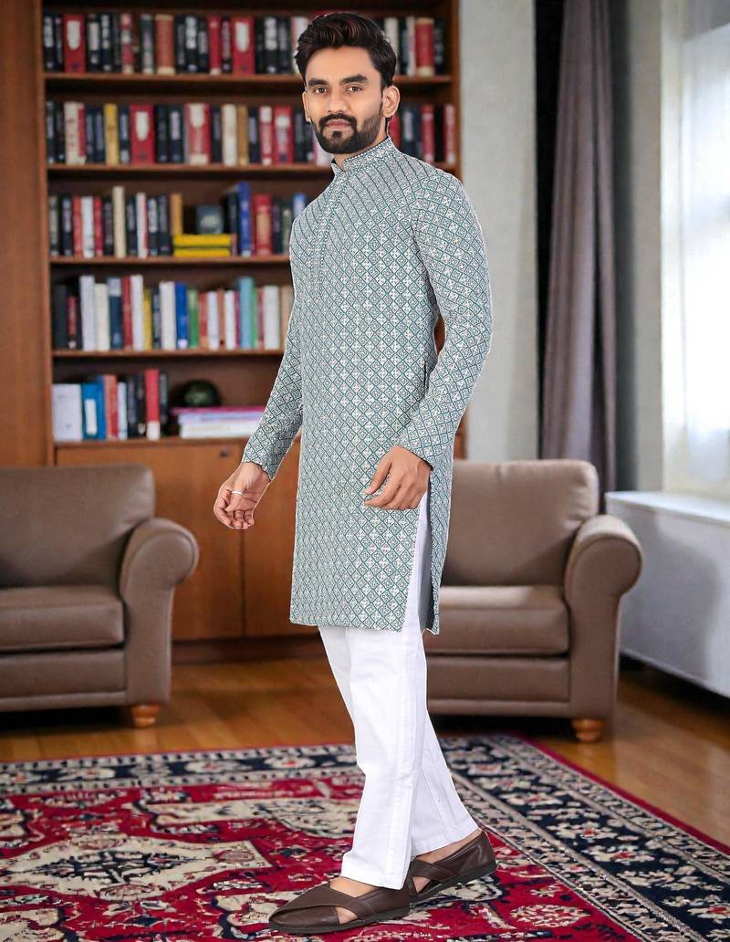 green  chikankari embroidered men's  rayon kurta