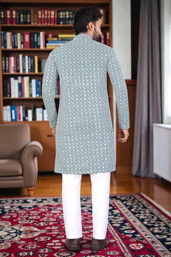 green  chikankari embroidered men's  rayon kurta