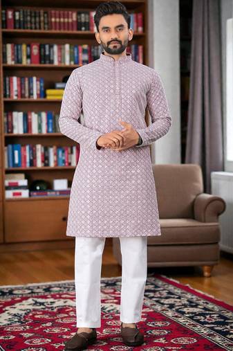 pinkk  chikankari embroidered men's  rayon kurta