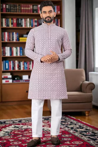 pinkk  chikankari embroidered men's  rayon kurta