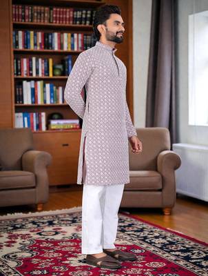 pinkk  chikankari embroidered men's  rayon kurta 3
