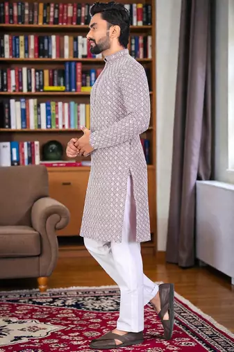 pinkk  chikankari embroidered men's  rayon kurta
