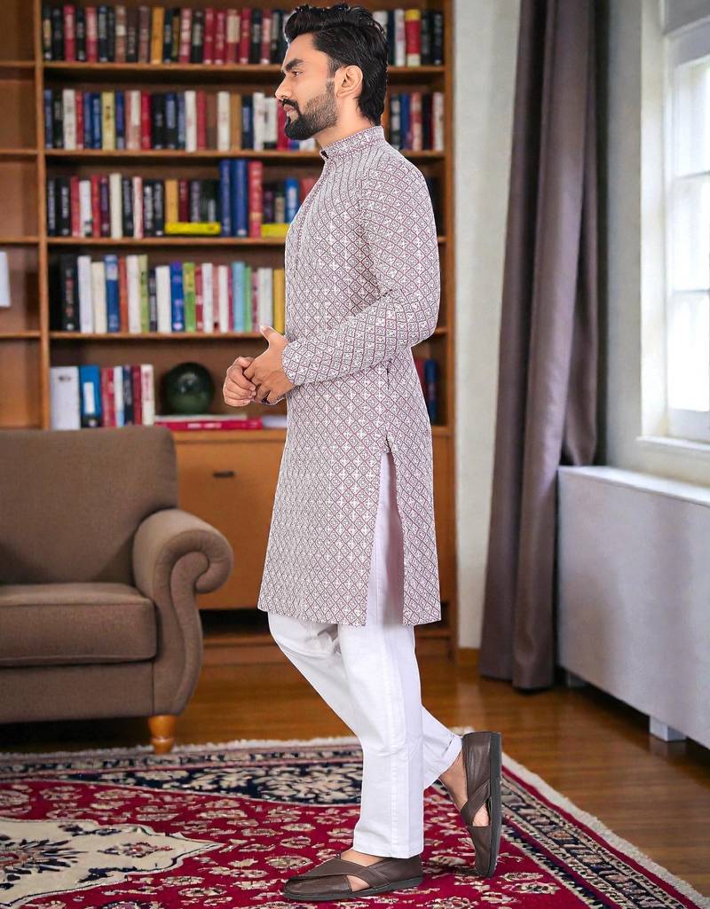 pinkk  chikankari embroidered men's  rayon kurta
