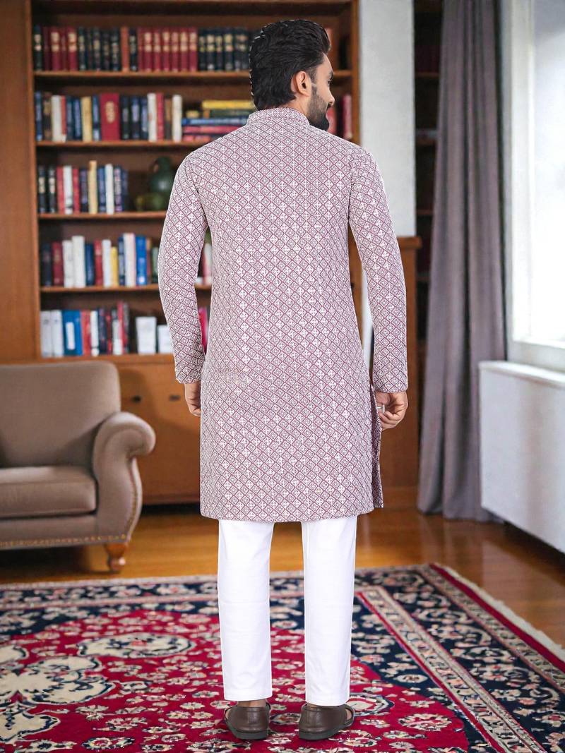 pinkk  chikankari embroidered men's  rayon kurta