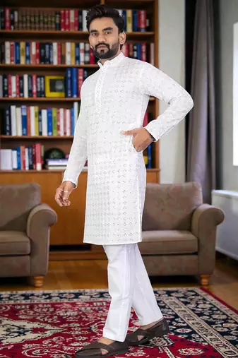 whitee  chikankari embroidered men's  rayon kurta