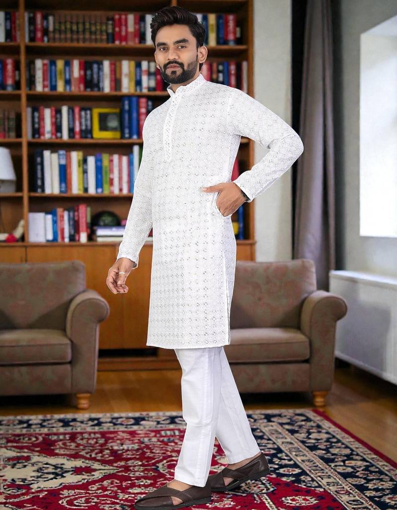 whitee  chikankari embroidered men's  rayon kurta