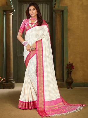 White pink pure silk  zari work saree with blouse 2