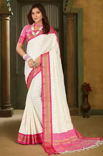 White pink pure silk  zari work saree with blouse