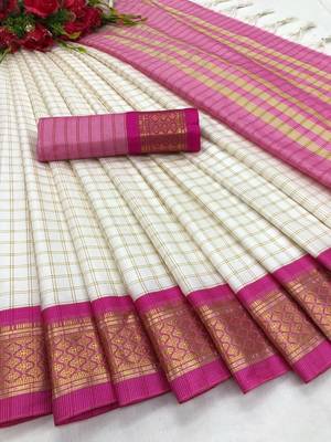 White pink pure silk  zari work saree with blouse 3