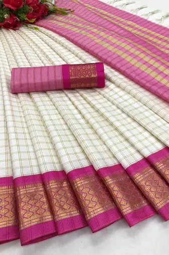 White pink pure silk  zari work saree with blouse