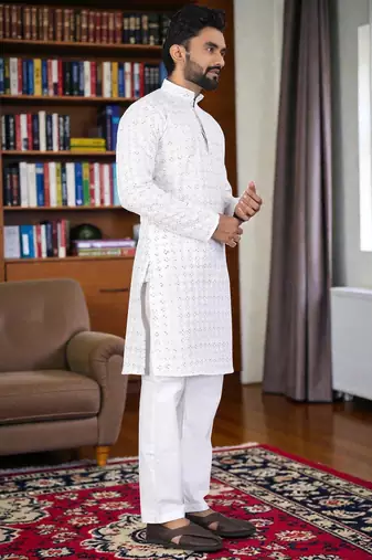 whitee  chikankari embroidered men's  rayon kurta