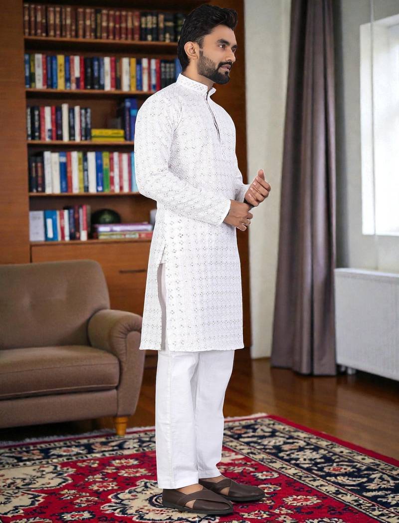 whitee  chikankari embroidered men's  rayon kurta