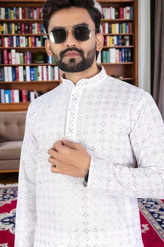 whitee  chikankari embroidered men's  rayon kurta