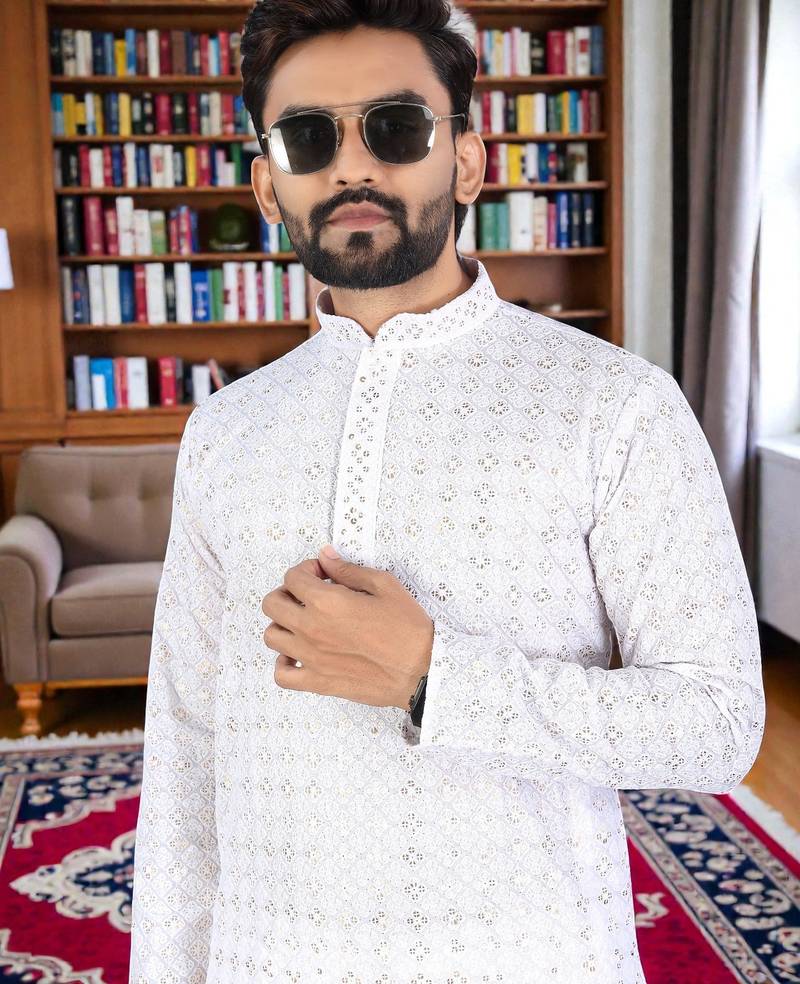 whitee  chikankari embroidered men's  rayon kurta