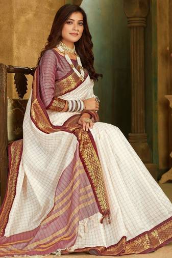 White maroon pure silk  zari work saree with blouse