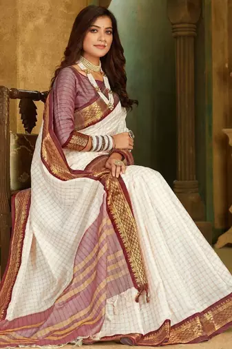White maroon pure silk  zari work saree with blouse