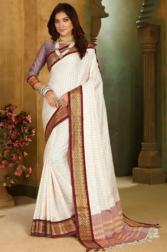 White maroon pure silk  zari work saree with blouse