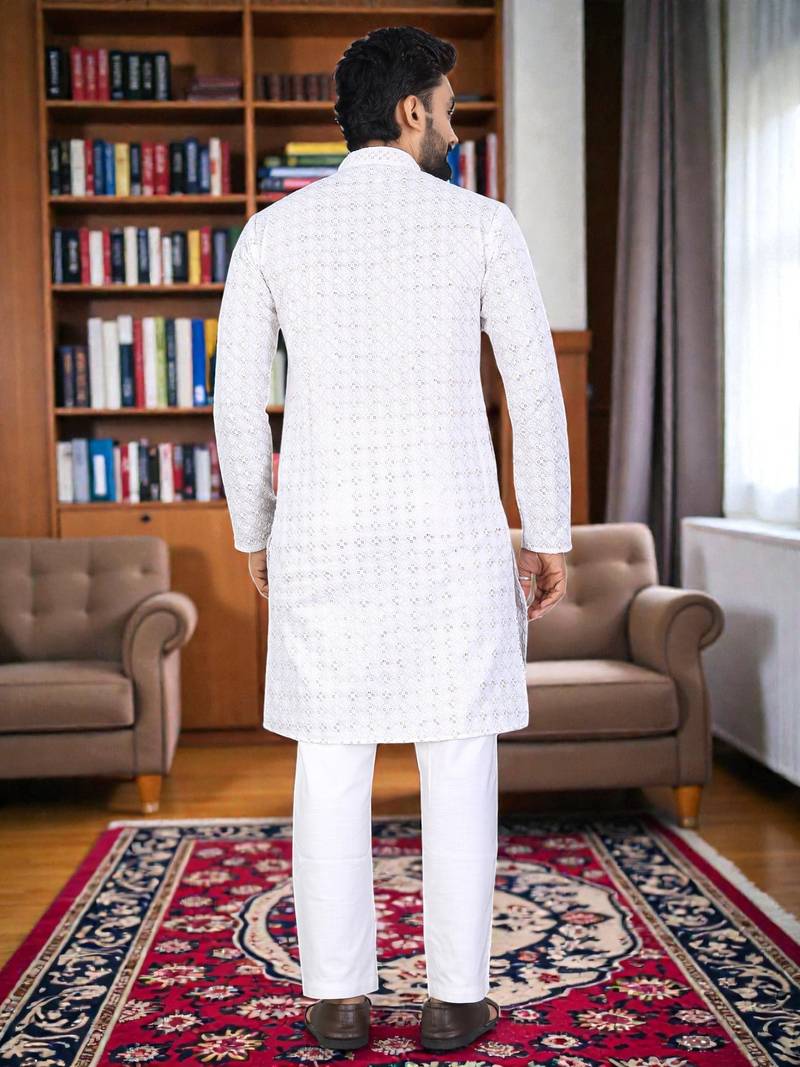 whitee  chikankari embroidered men's  rayon kurta