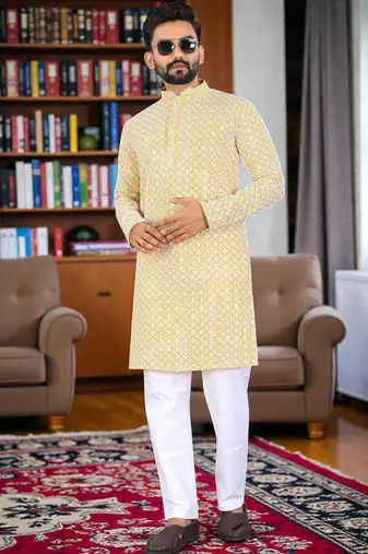yelloww  chikankari embroidered men's  rayon kurta