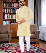 yelloww  chikankari embroidered men's  rayon kurta
