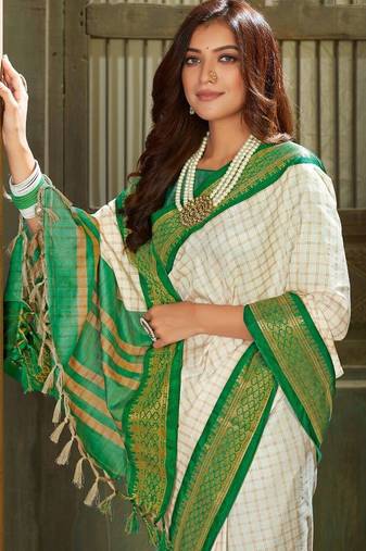 White green pure silk  zari work saree with blouse