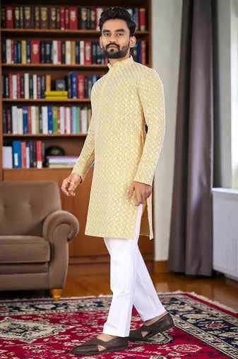 yelloww  chikankari embroidered men's  rayon kurta