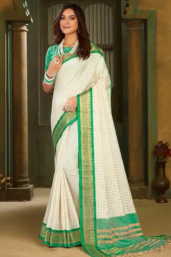 White green pure silk  zari work saree with blouse