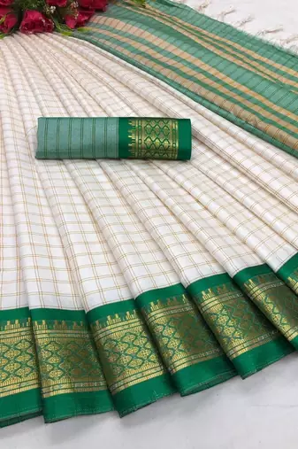White green pure silk  zari work saree with blouse