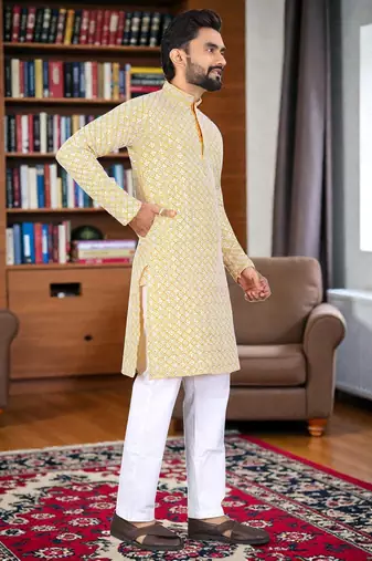 yelloww  chikankari embroidered men's  rayon kurta