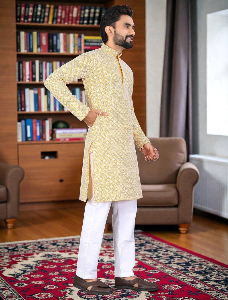 yelloww  chikankari embroidered men's  rayon kurta