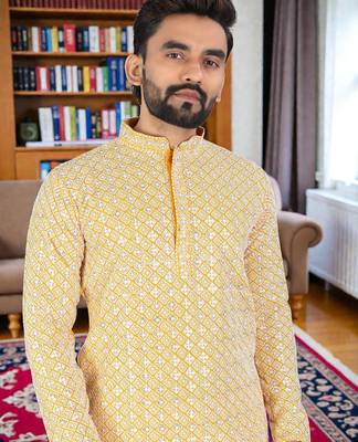 yelloww  chikankari embroidered men's  rayon kurta 4