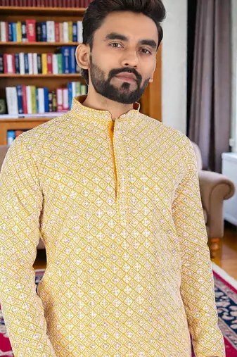 yelloww  chikankari embroidered men's  rayon kurta